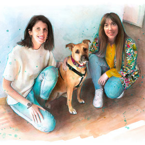Women and dog family portrait drawing
