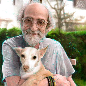 Man and dog family portrait drawing