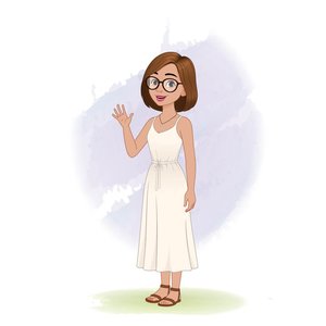 Gorgeous woman in white dress saying hi cartoon vector art